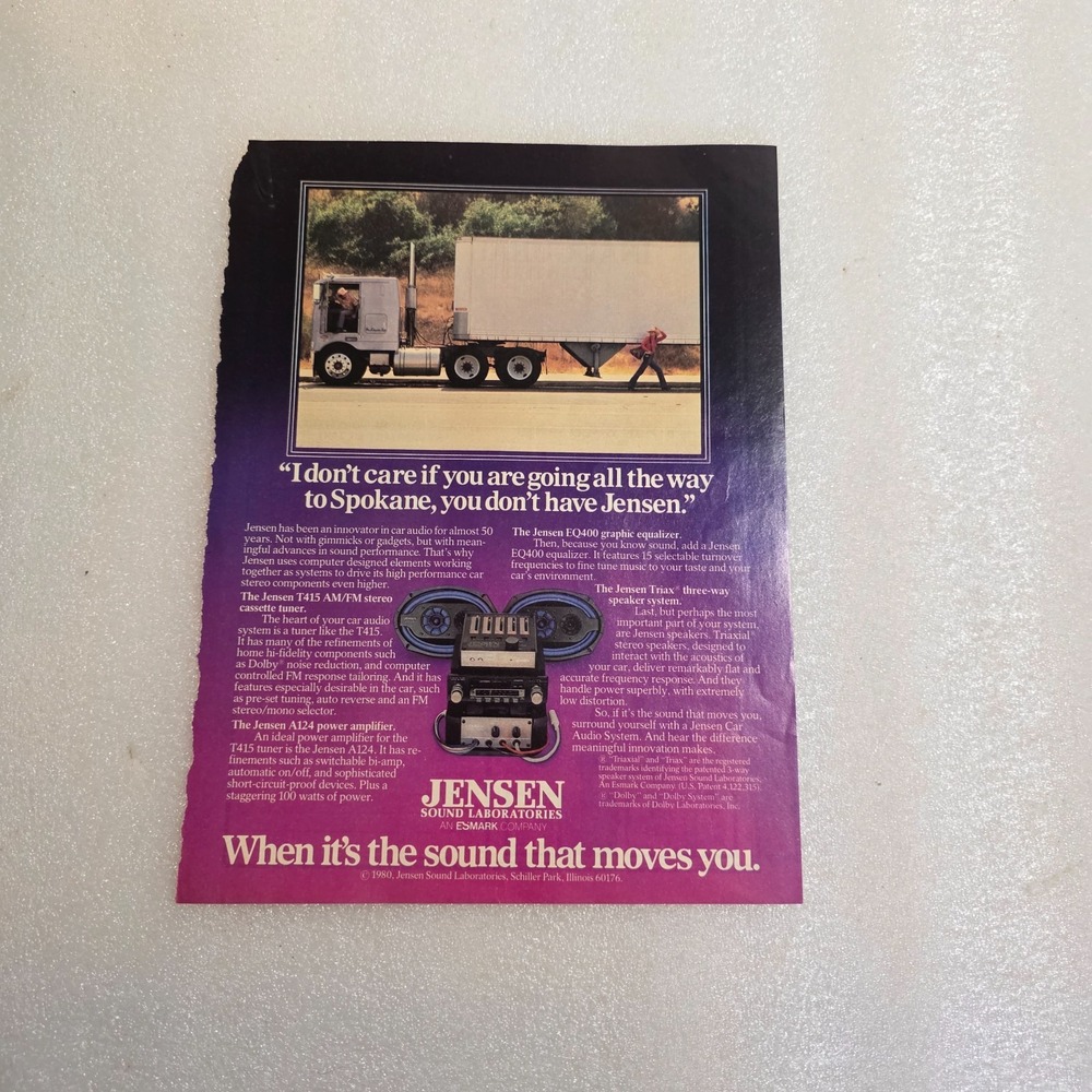 Vintage 1979 Jensen Sound Laboratories Print Ad Tractor Trailer Pink 8x10.5